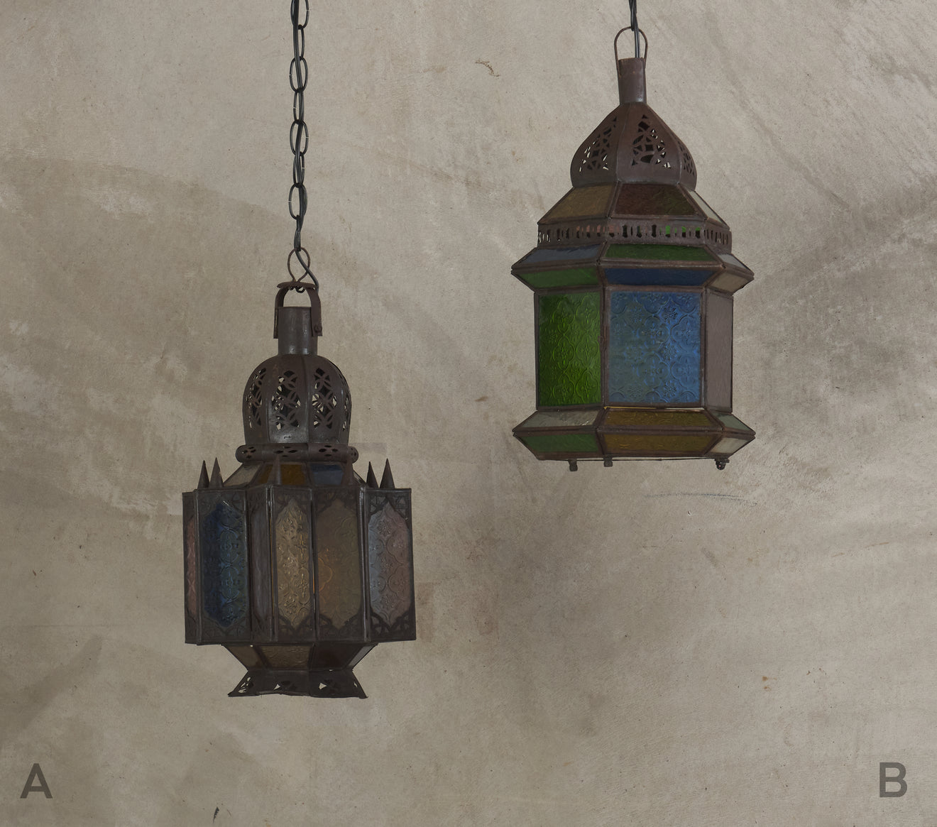 ANTIQUE MOROCCAN STAINED GLASS AND METAL PENDANT LIGHT, c1910