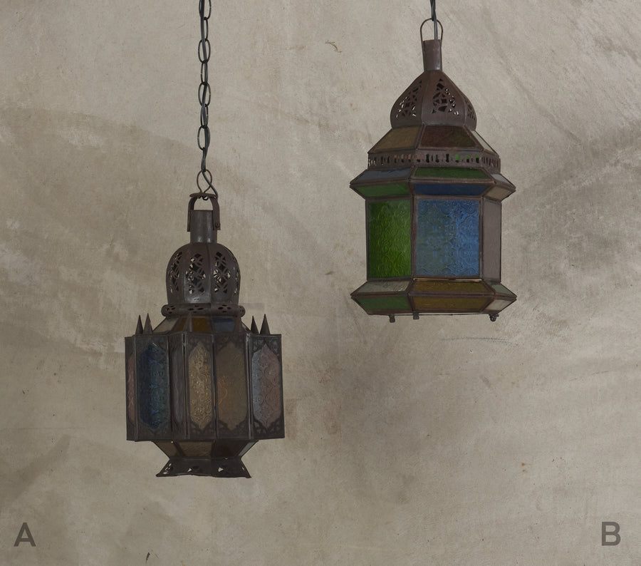 ANTIQUE MOROCCAN STAINED GLASS AND METAL PENDANT LIGHT, c1910