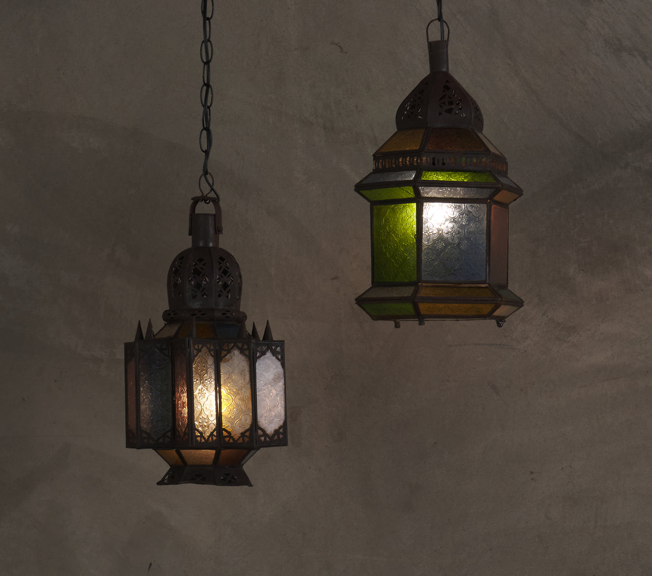 ANTIQUE MOROCCAN STAINED GLASS AND METAL PENDANT LIGHT, c1910