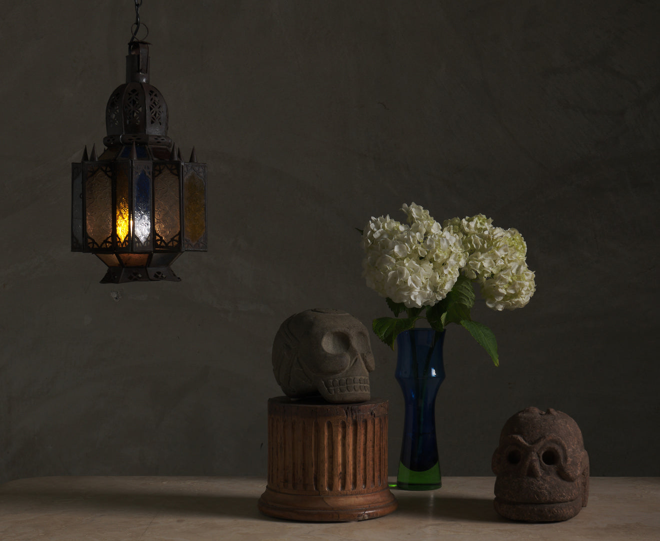 ANTIQUE MOROCCAN STAINED GLASS AND METAL PENDANT LIGHT, c1910