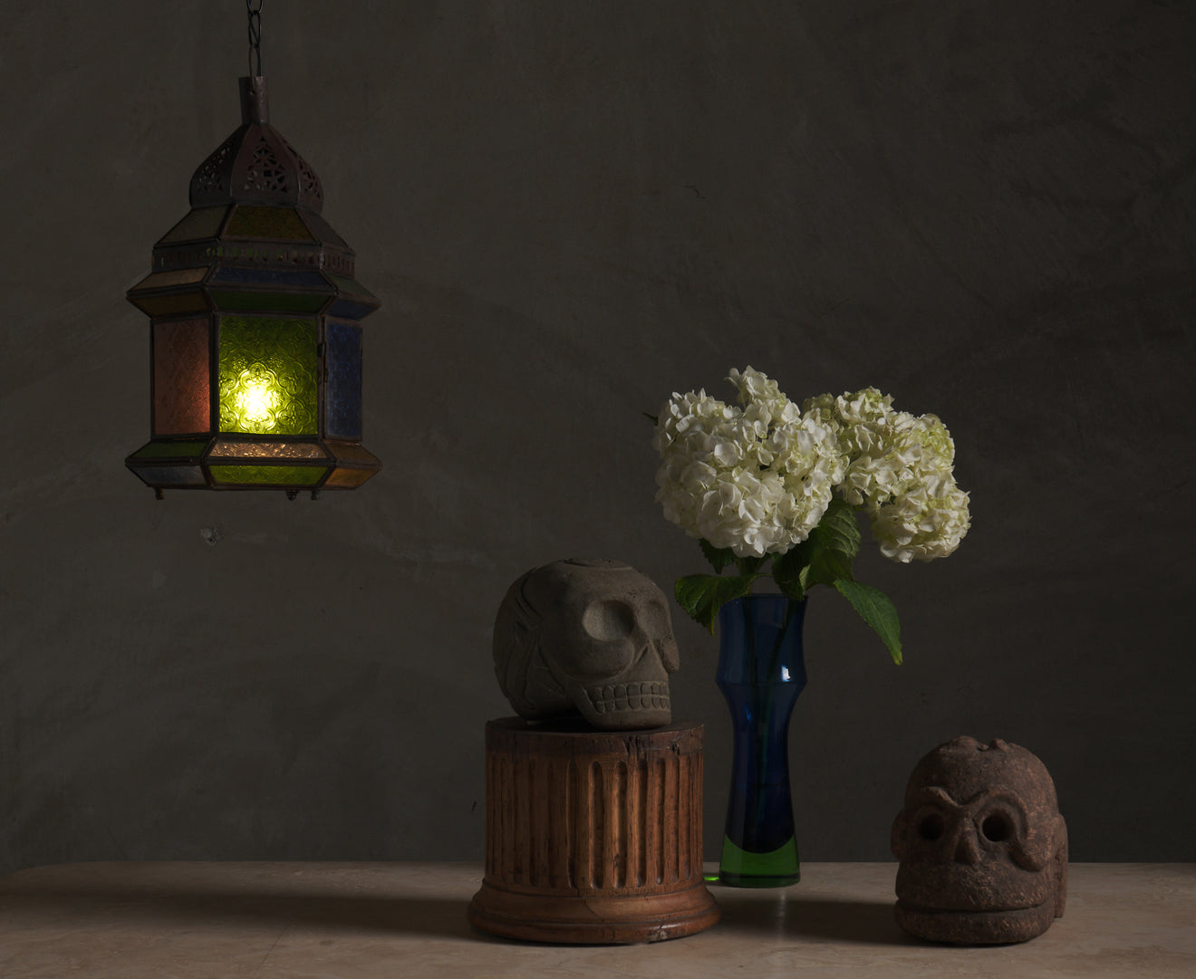 ANTIQUE MOROCCAN STAINED GLASS AND METAL PENDANT LIGHT, c1910