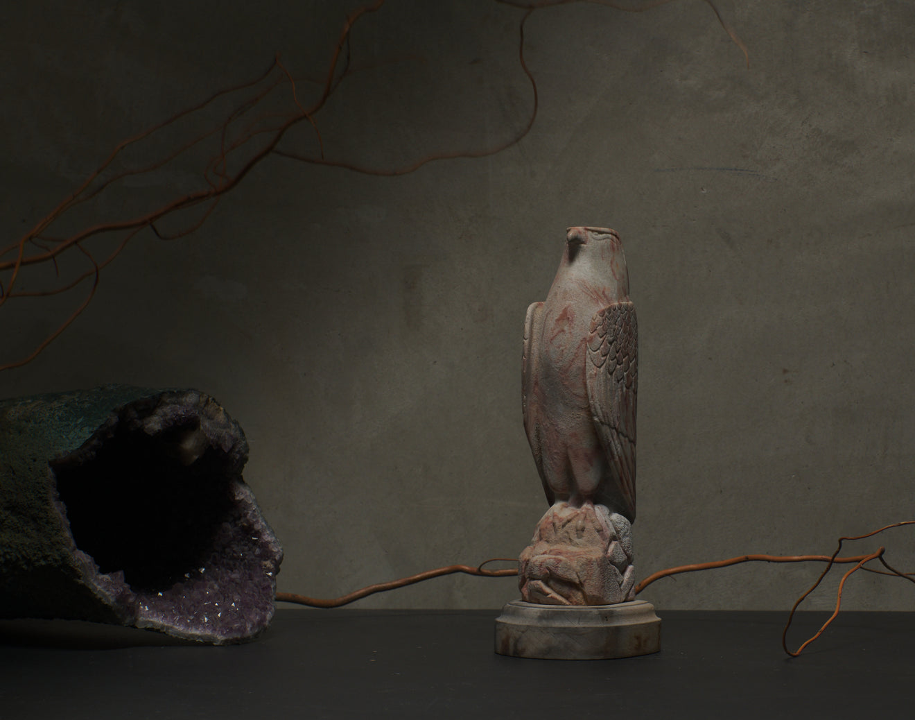 HAROLD DAVIDSON CARVED STONE FALCON FIGURE, 20TH C