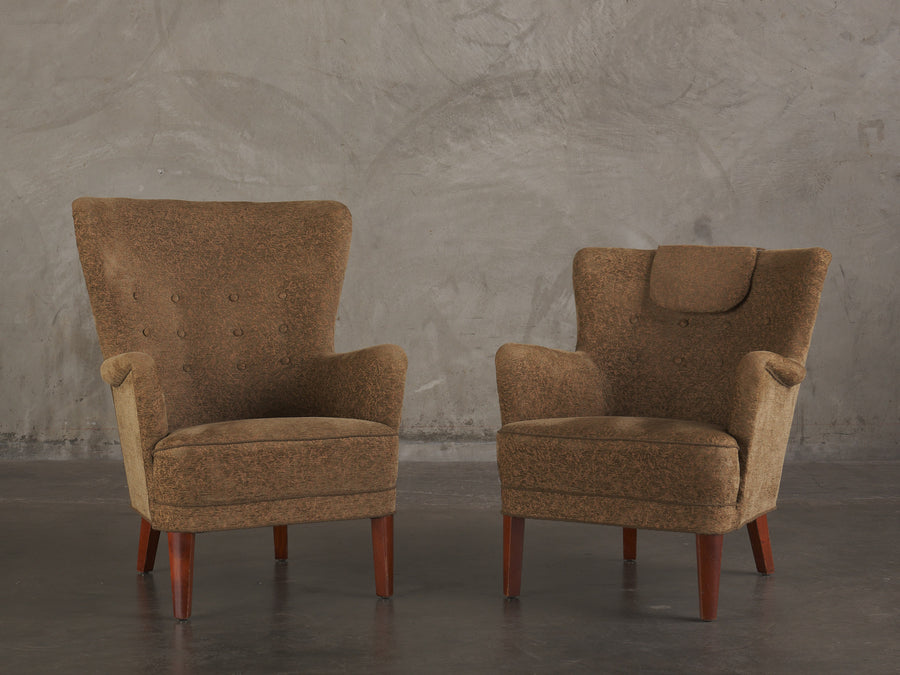 HIS & HERS DANISH 1950'S UPHOLSTERED CLUB CHAIRS
