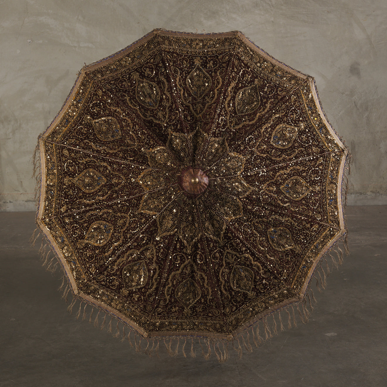 INDIAN BRASS AND SILVER EMBROIDERED VELVET WEDDING PARASOL ON STAND