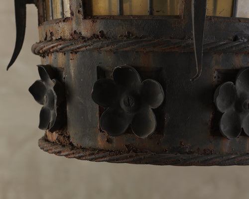 IRON HANGING LANTERN WITH STAINED GLASS, 19TH CENTURY