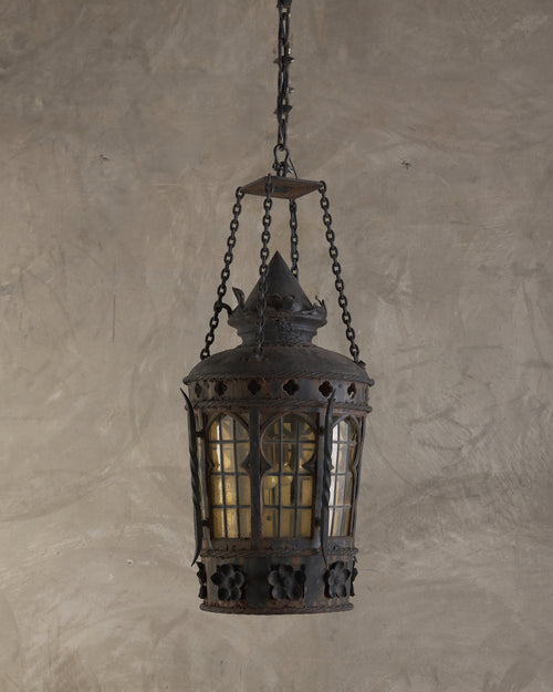 IRON HANGING LANTERN WITH STAINED GLASS, 19TH CENTURY