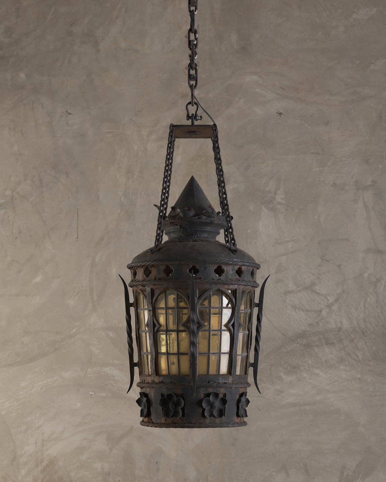 IRON HANGING LANTERN WITH STAINED GLASS, 19TH CENTURY