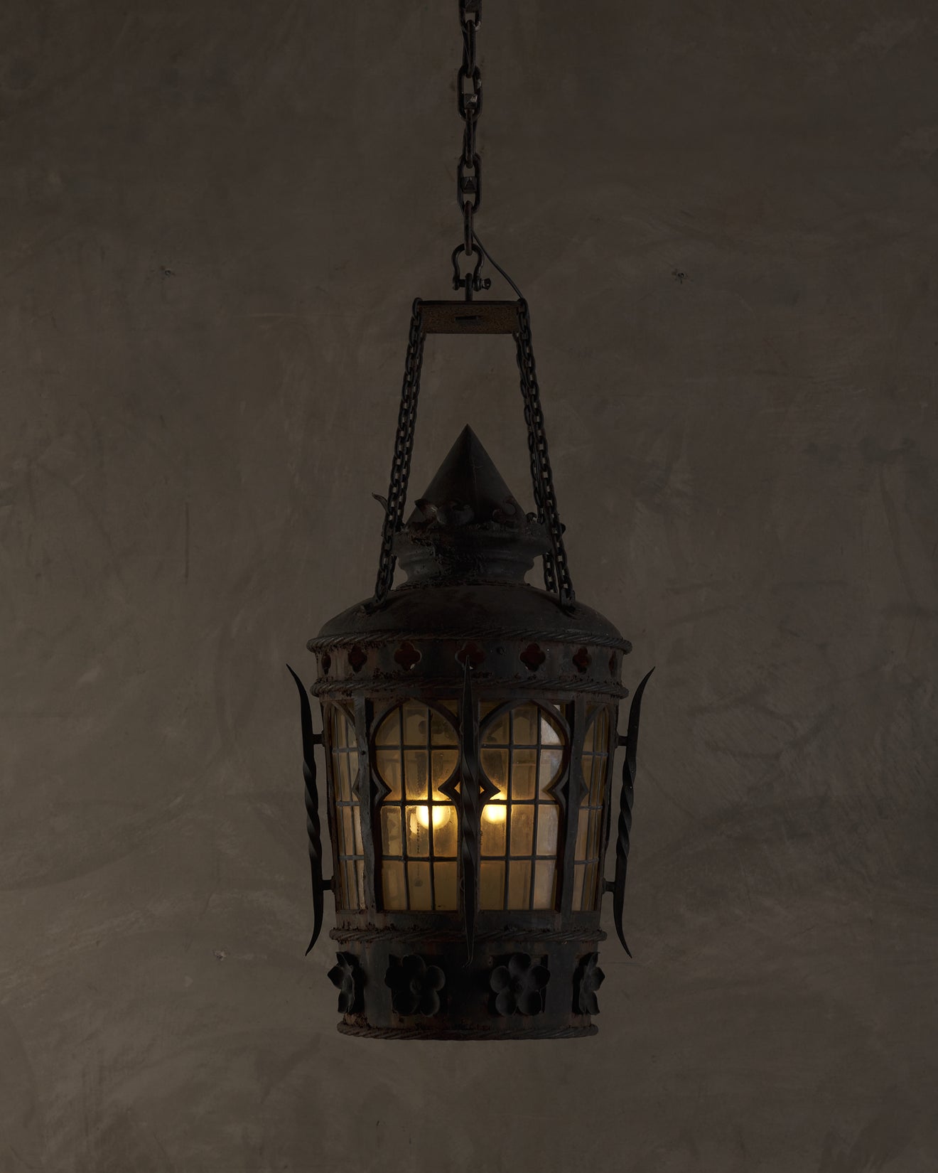 IRON HANGING LANTERN WITH STAINED GLASS, 19TH CENTURY