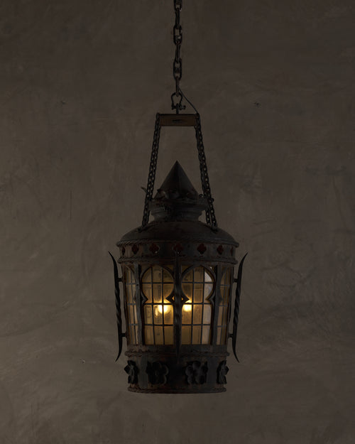 IRON HANGING LANTERN WITH STAINED GLASS, 19TH CENTURY