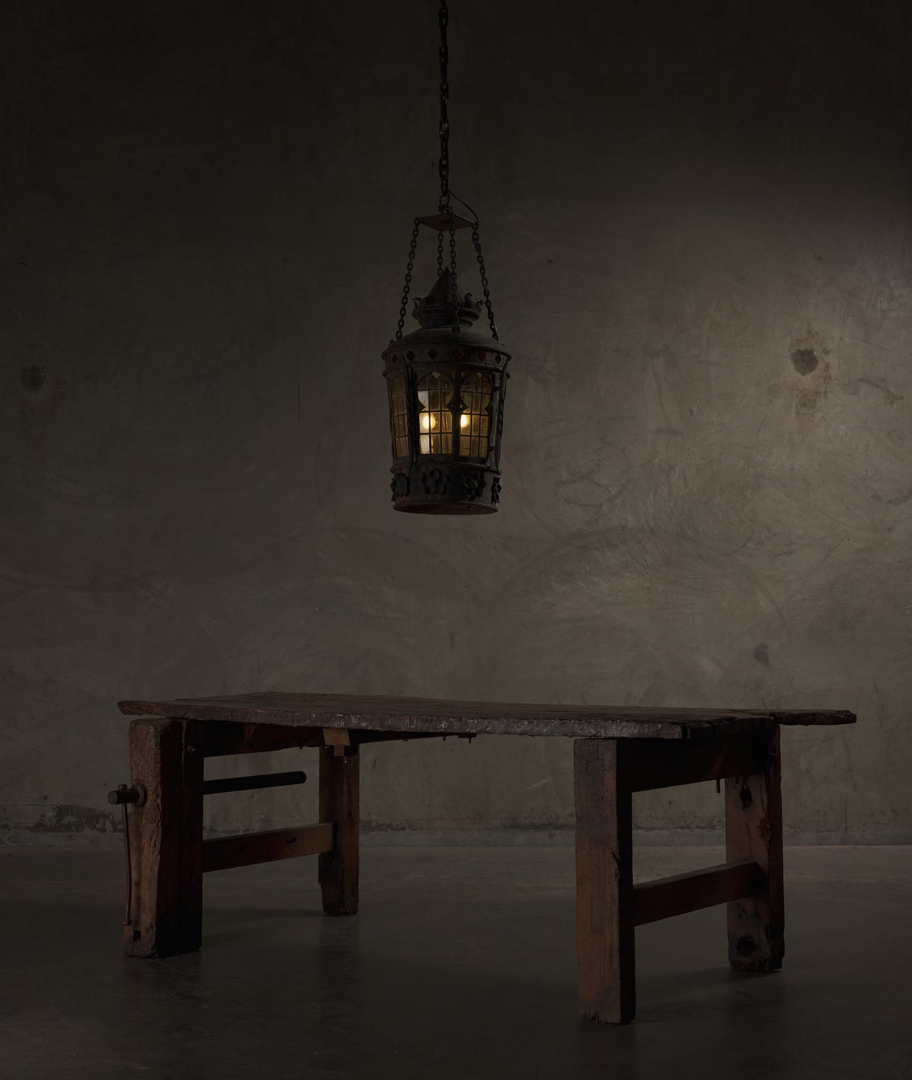 IRON HANGING LANTERN WITH STAINED GLASS, 19TH CENTURY