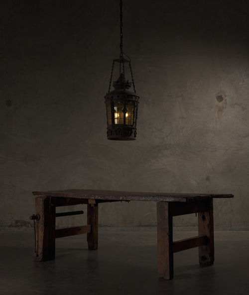 IRON HANGING LANTERN WITH STAINED GLASS, 19TH CENTURY