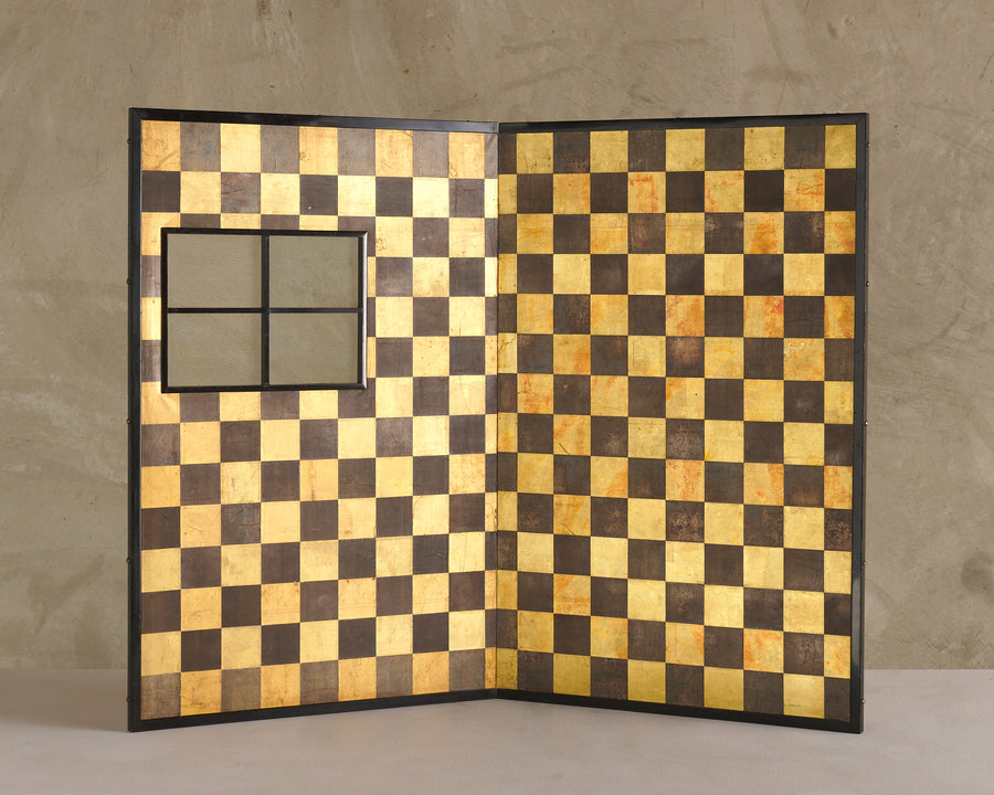 JAPANESE 2-PANEL GOLD LEAF FOLDING SCREEN WITH WINDOW