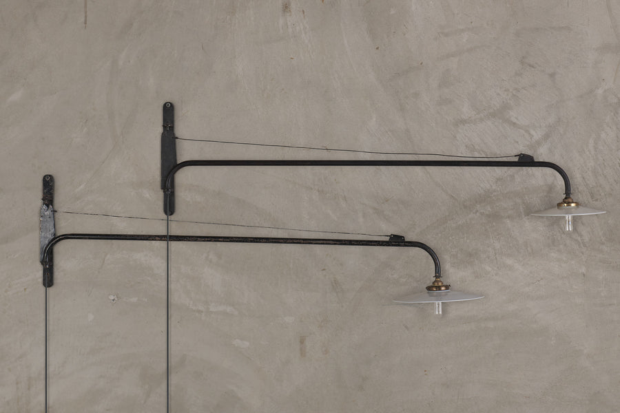 JEAN PROUVÉ STYLE SWING ARM JIB SCONCE WITH VINTAGE REFLECTOR