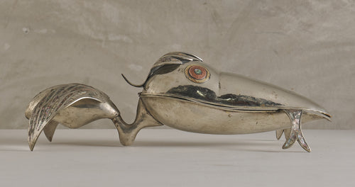 METAL MOTHER OF PERAL PELICAN AND FISH SERVING TRAY, 1950