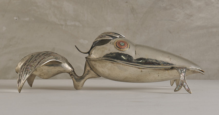 METAL MOTHER OF PERAL PELICAN AND FISH SERVING TRAY, 1950
