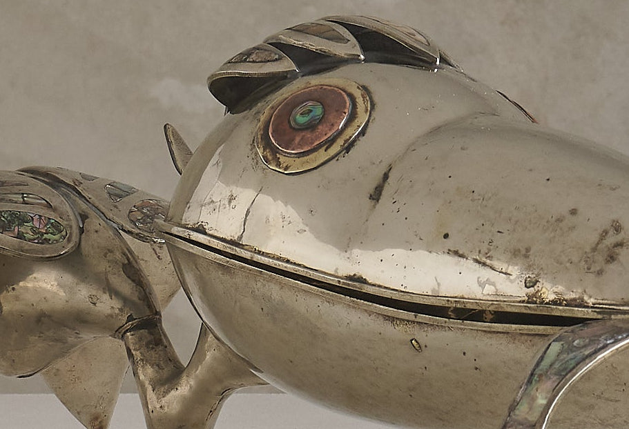 METAL MOTHER OF PERAL PELICAN AND FISH SERVING TRAY, 1950