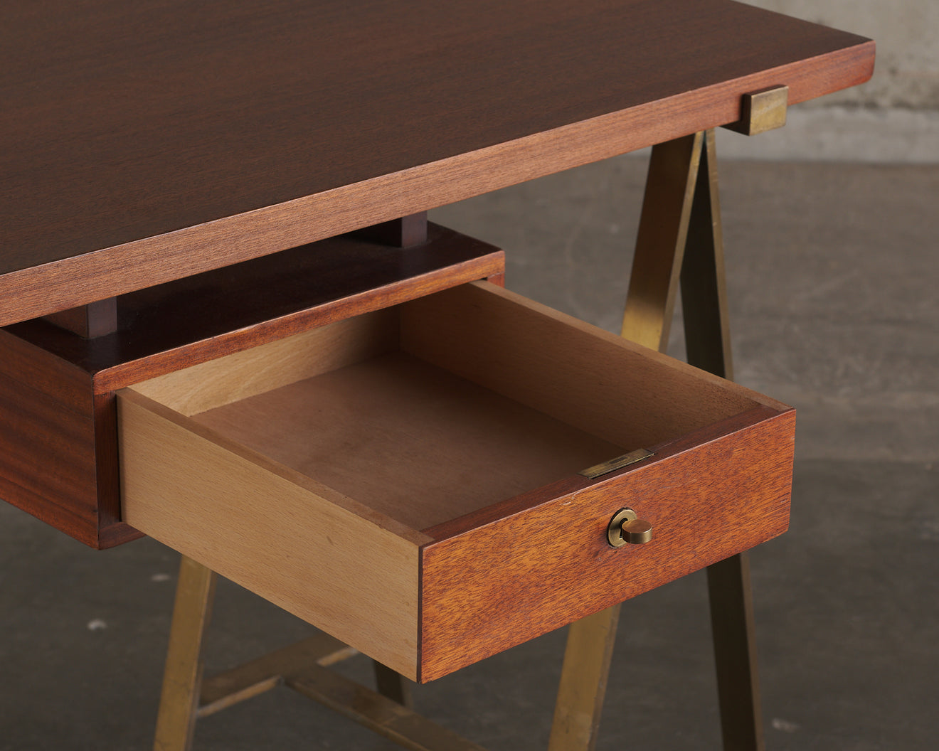 MID CENTURY DESK WITH BRONZE LEGS