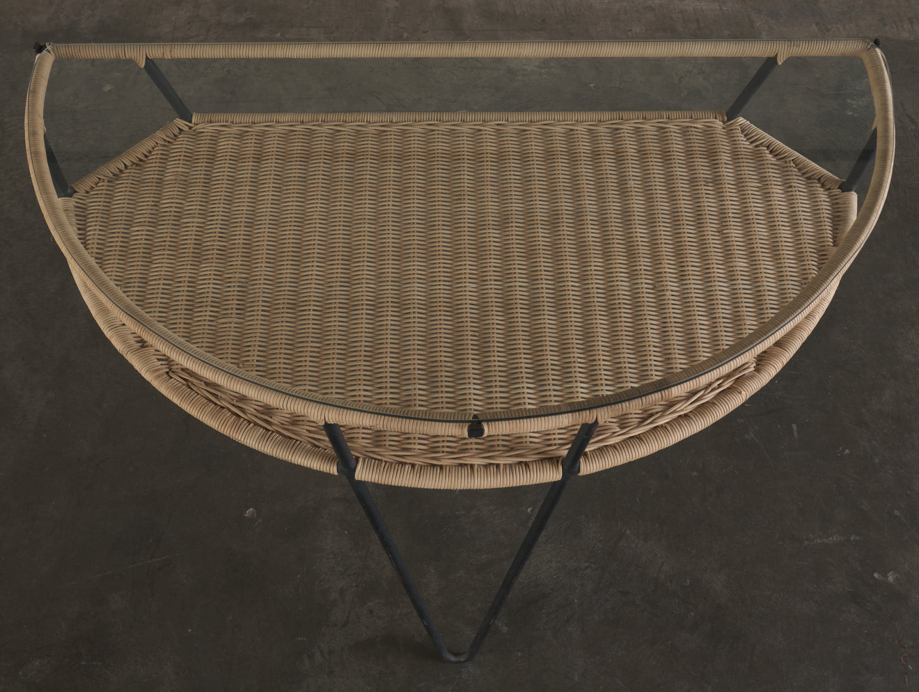 MID CENTURY RESTORED DEMI LUNE RESTORED WICKER CONSOLES