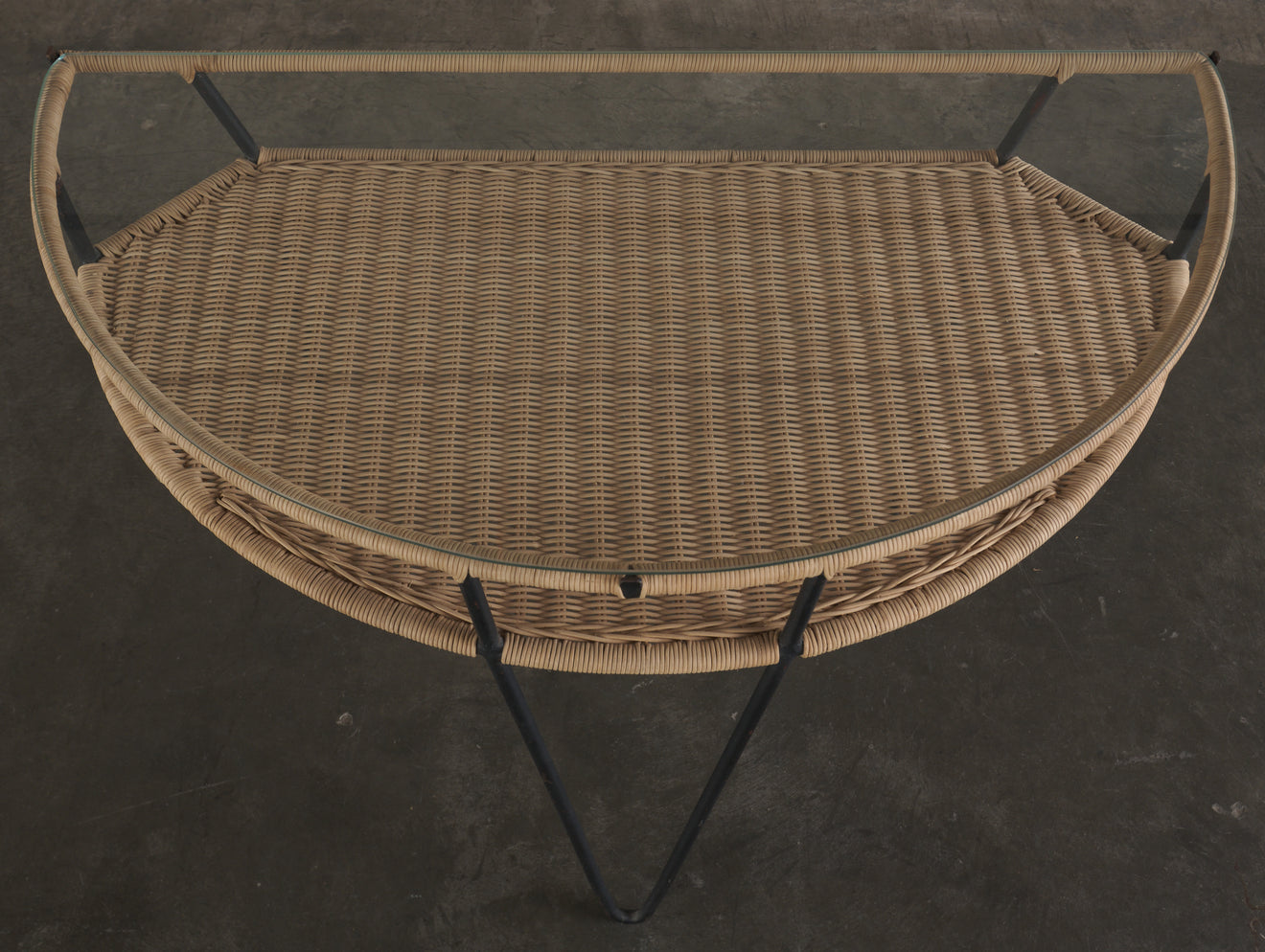 MID CENTURY RESTORED DEMI LUNE RESTORED WICKER CONSOLES