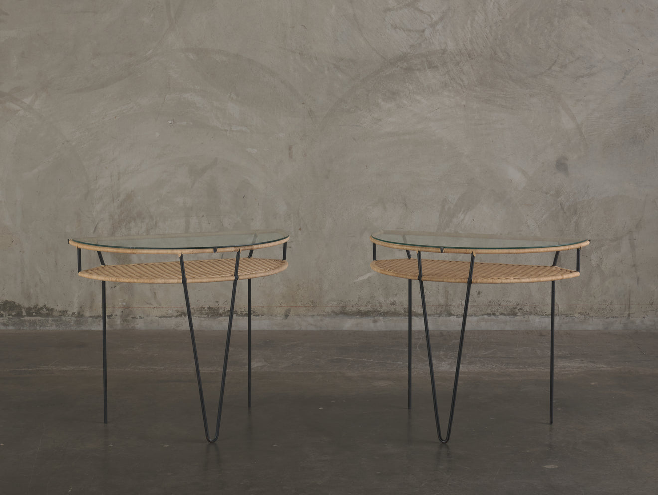 MID CENTURY RESTORED DEMI LUNE RESTORED WICKER CONSOLES