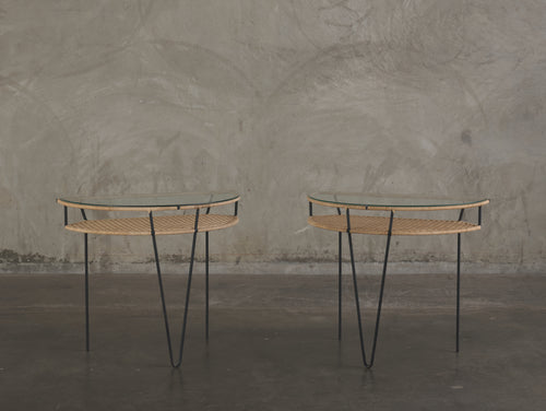 MID CENTURY RESTORED DEMI LUNE RESTORED WICKER CONSOLES