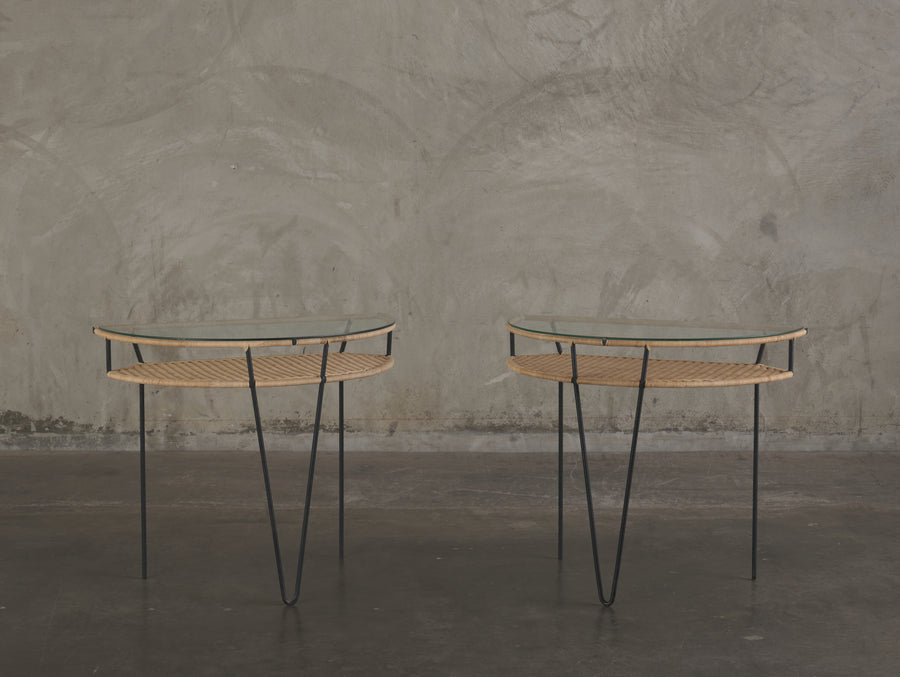 MID CENTURY RESTORED DEMI LUNE RESTORED WICKER CONSOLES