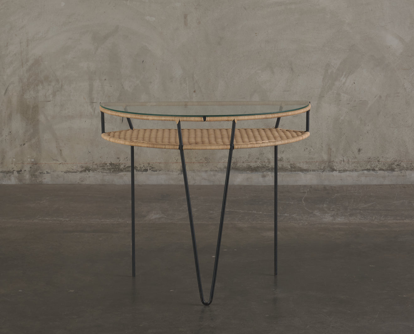 MID CENTURY RESTORED DEMI LUNE RESTORED WICKER CONSOLES