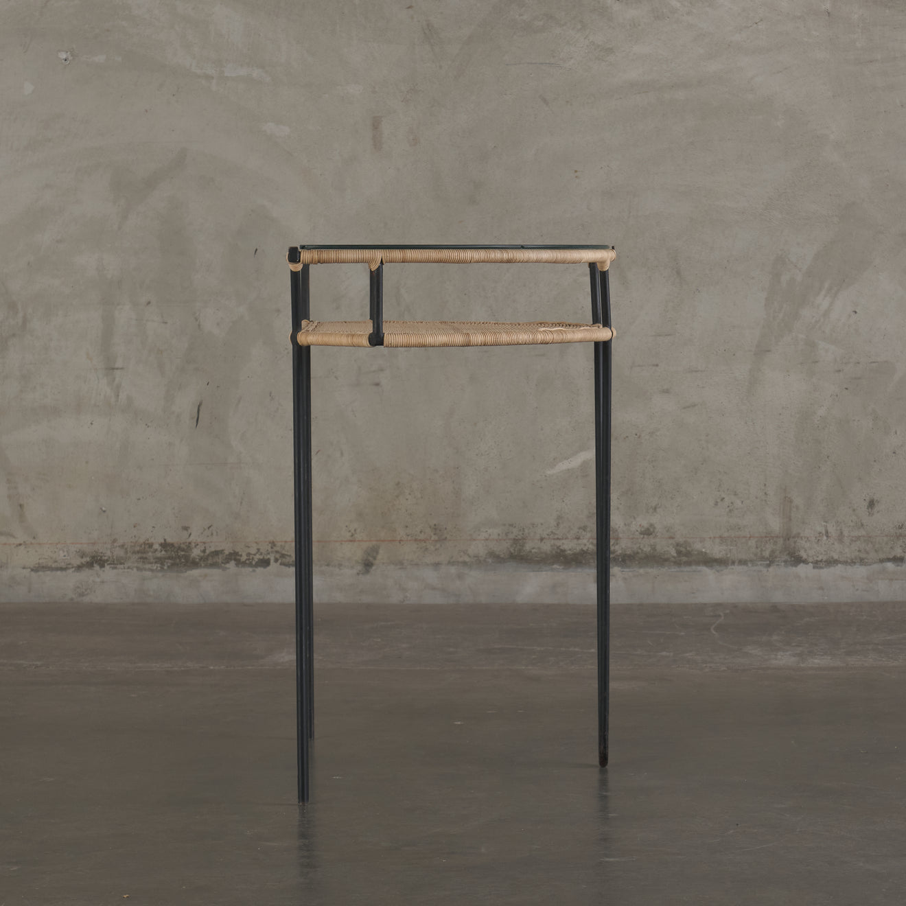 MID CENTURY RESTORED DEMI LUNE RESTORED WICKER CONSOLES