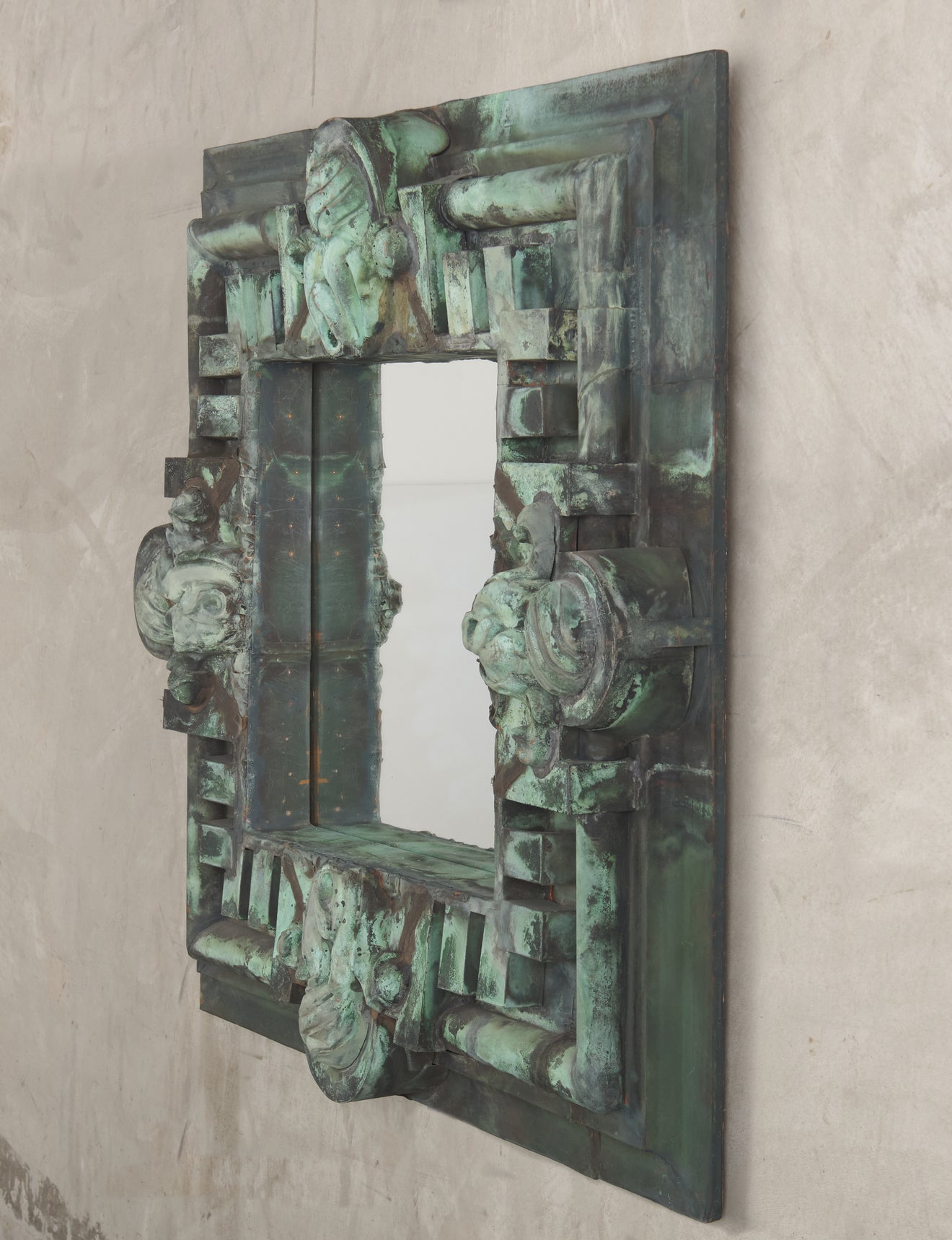 MONUMENTAL ARCHITECTURAL COPPER FRAMED MIRROR, c1900