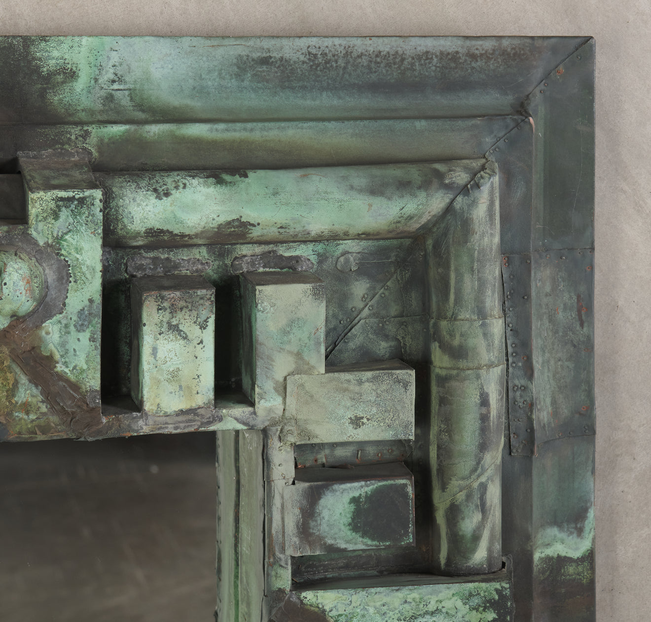 MONUMENTAL ARCHITECTURAL COPPER FRAMED MIRROR, c1900