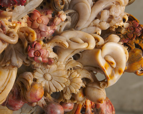 MONUMENTAL CARVED SOAPSTONE BASKET OF FLOWERS