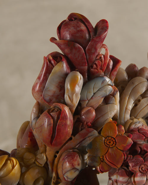 MONUMENTAL CARVED SOAPSTONE BASKET OF FLOWERS