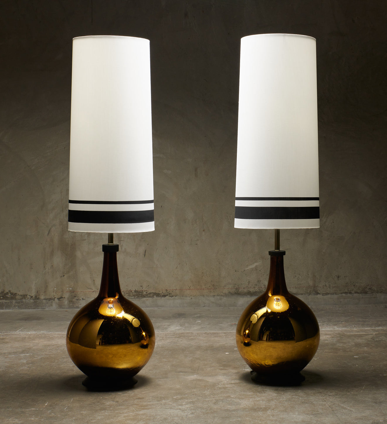 PAIR OF MONUMENTAL MERCURY GLASS LAMPS WITH CUSTOM PAINTED SHADES