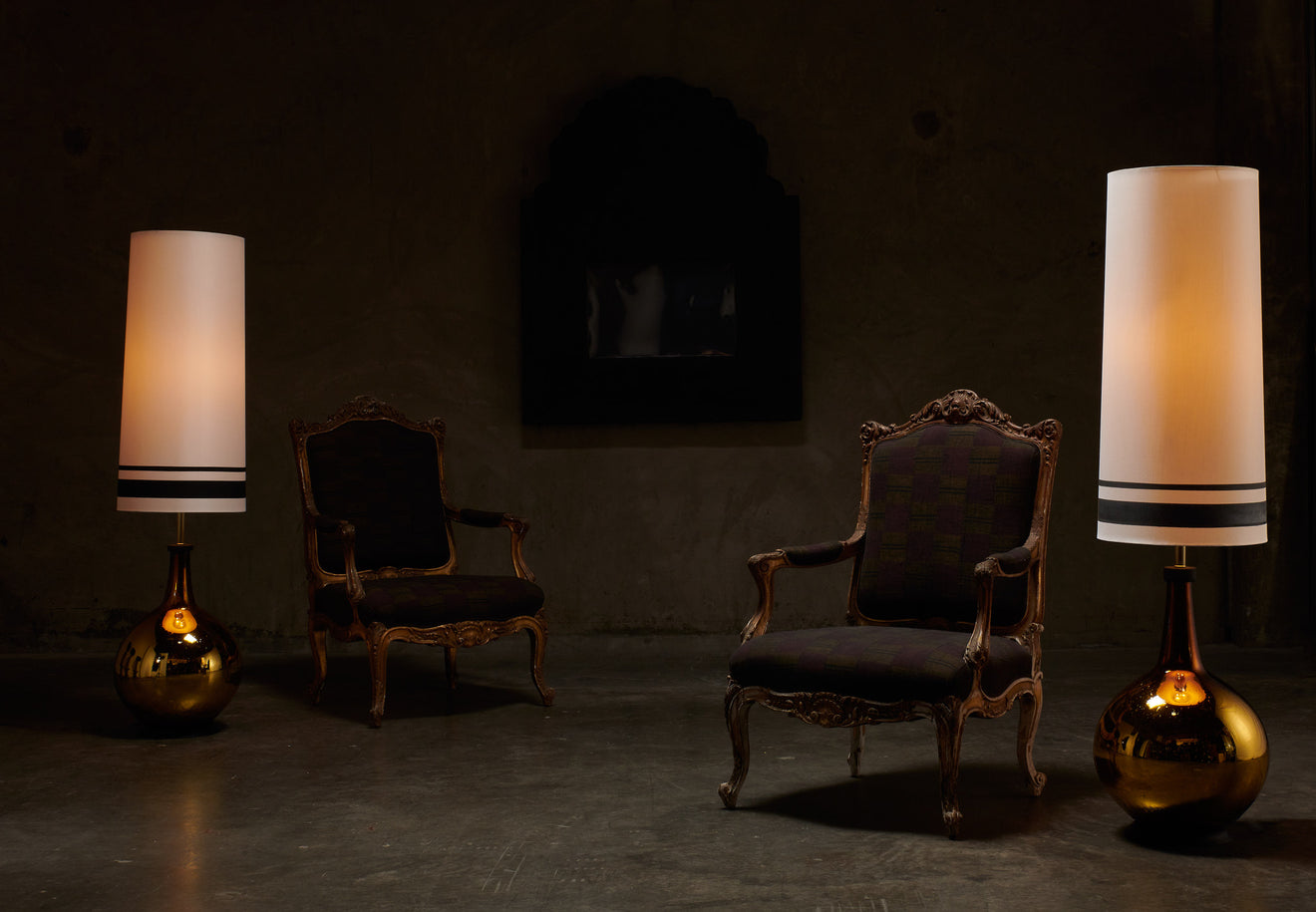 PAIR OF MONUMENTAL MERCURY GLASS LAMPS WITH CUSTOM PAINTED SHADES