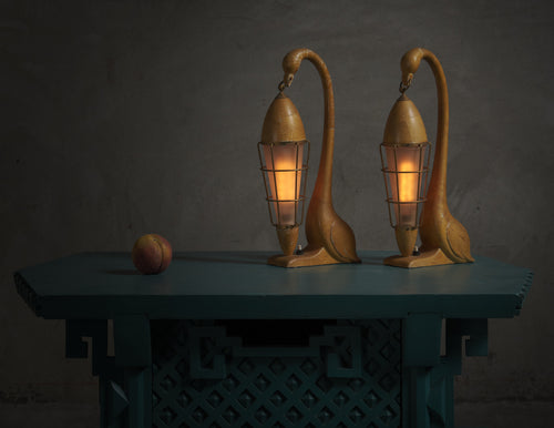 PAIR OF ALDO TURA SWAN TABLE LAMPS, ITALY 1950