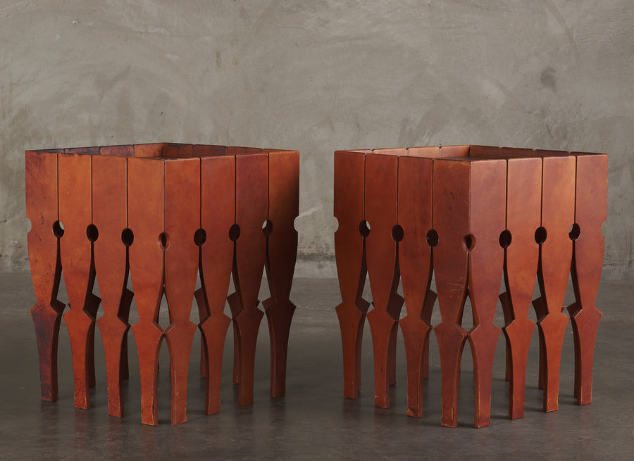 PAIR OF ARTURO PANI LEATHER WRAPPED AND BRASS SIDE TABLES