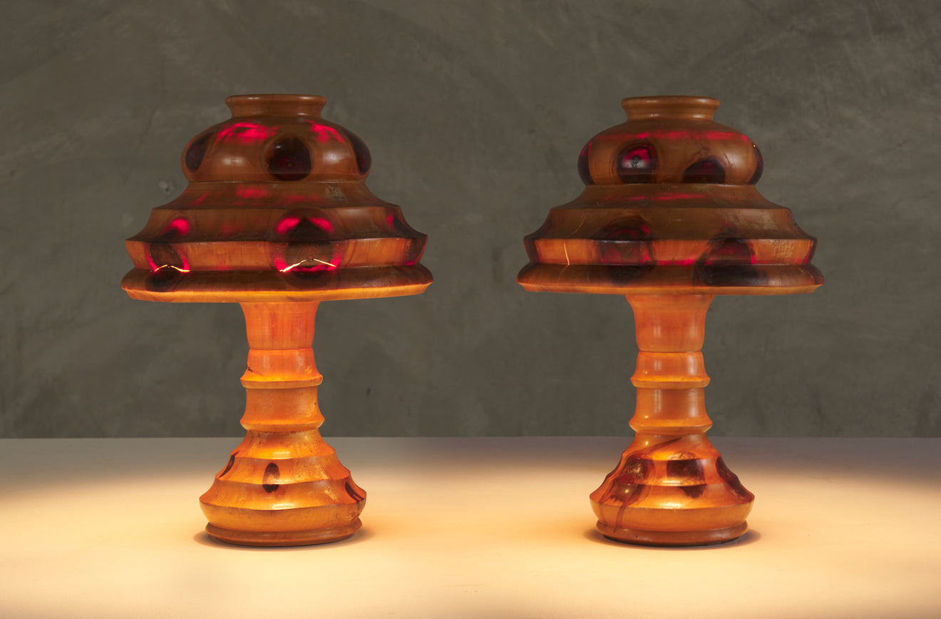 PAIR OF BRAZILIAN BUTTERFLY WOOD TABLE LAMPS, 20TH C