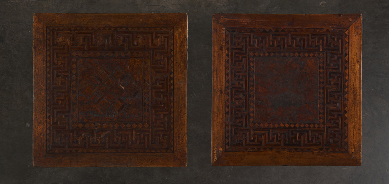 PAIR OF CHINESE KANG TABLES WITH PARQUETRY TOPS, c1900