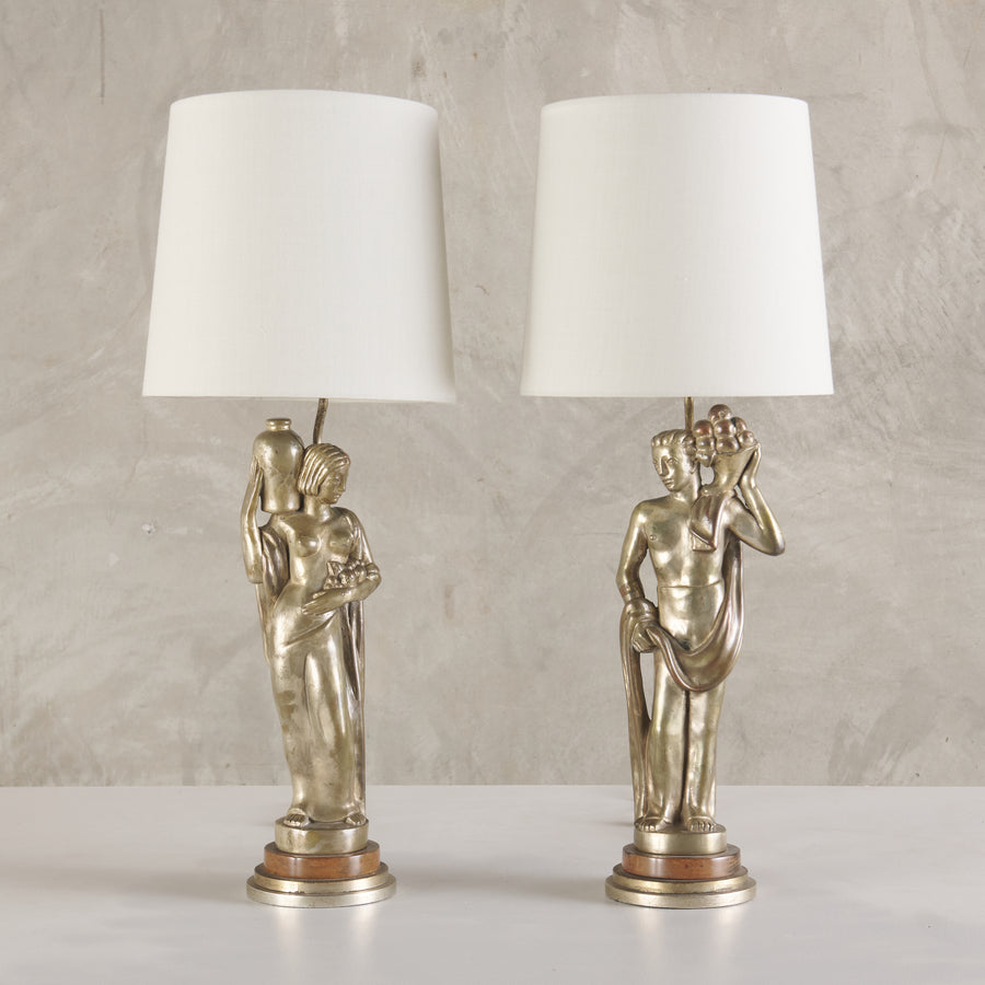 PAIR OF ART DECO SILVERED BRASS FIGURAL LAMPS, c1920