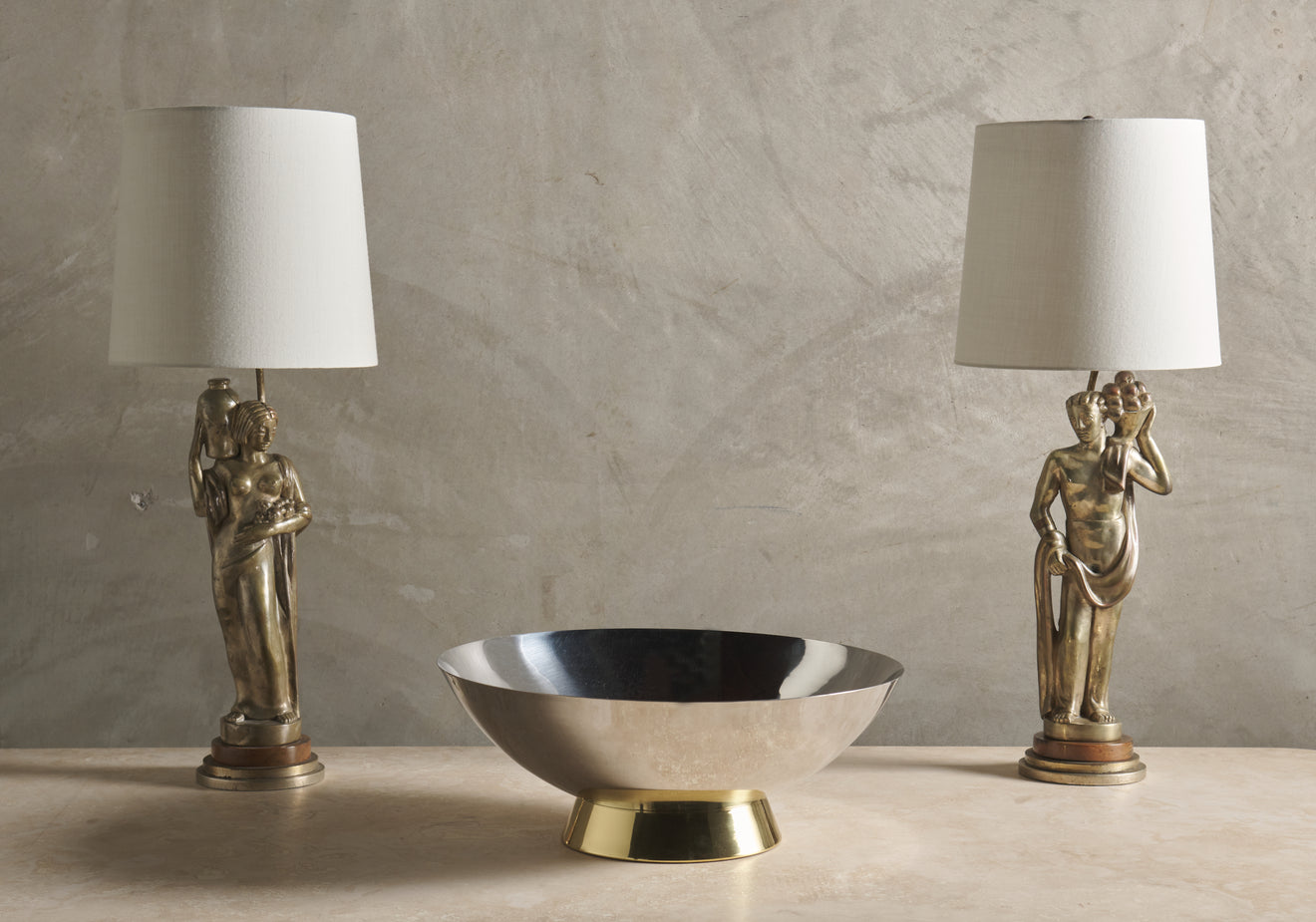 PAIR OF ART DECO SILVERED BRASS FIGURAL LAMPS, c1920