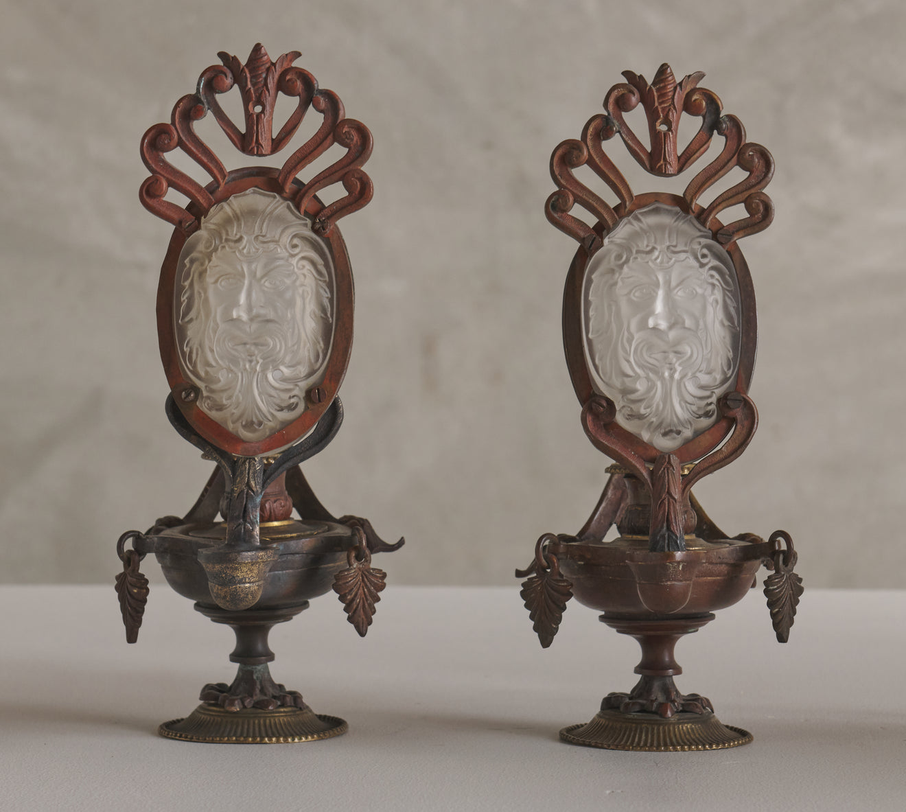 PAIR OF TABLE CANDLEHOLDERS IN THE SHAPE OF ROMAN OIL LAMPS WITH OPALINE BACCART (ATTRIB) CRYSTAL, FRENCH