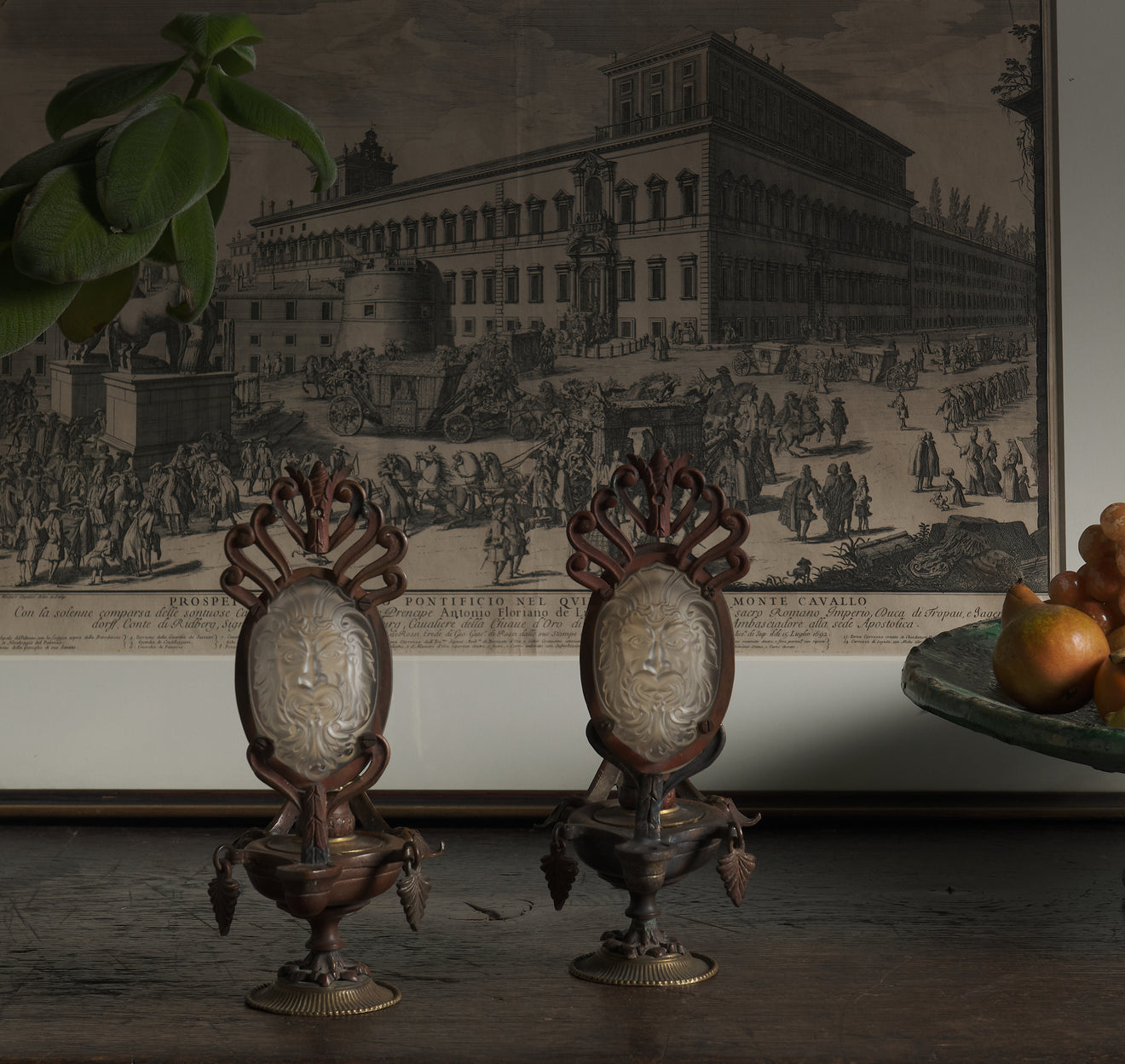 PAIR OF TABLE CANDLEHOLDERS IN THE SHAPE OF ROMAN OIL LAMPS WITH OPALINE BACCART (ATTRIB) CRYSTAL, FRENCH