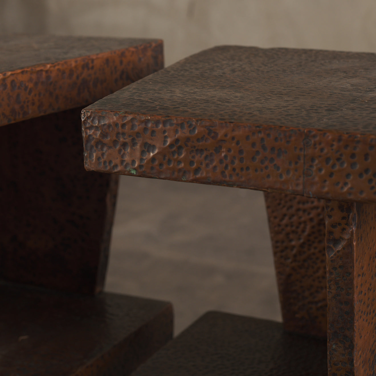 PAIR OF HAMMERED COPPER 2-TIER END TABLES