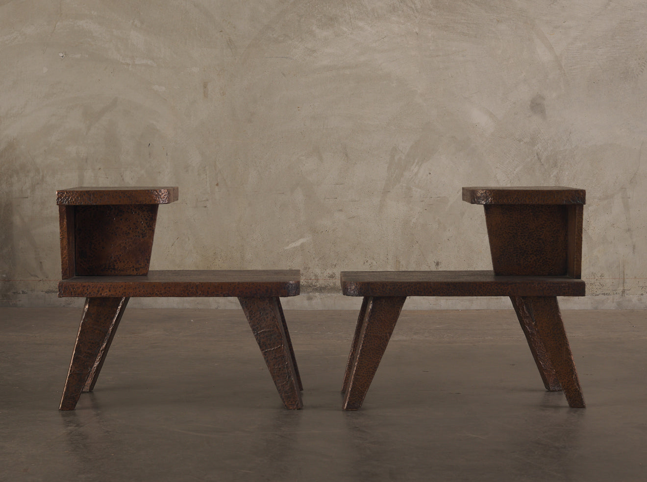 PAIR OF HAMMERED COPPER 2-TIER END TABLES