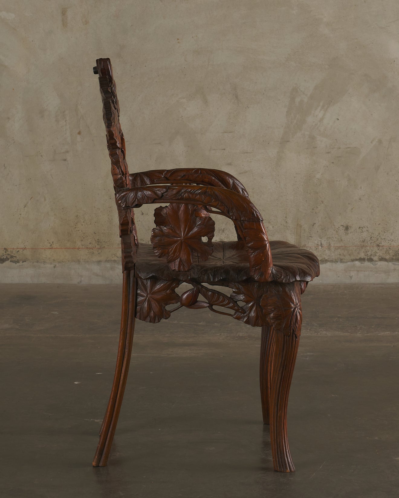 Mid-Century Spanish Carved Walnut Folding Chair With Original