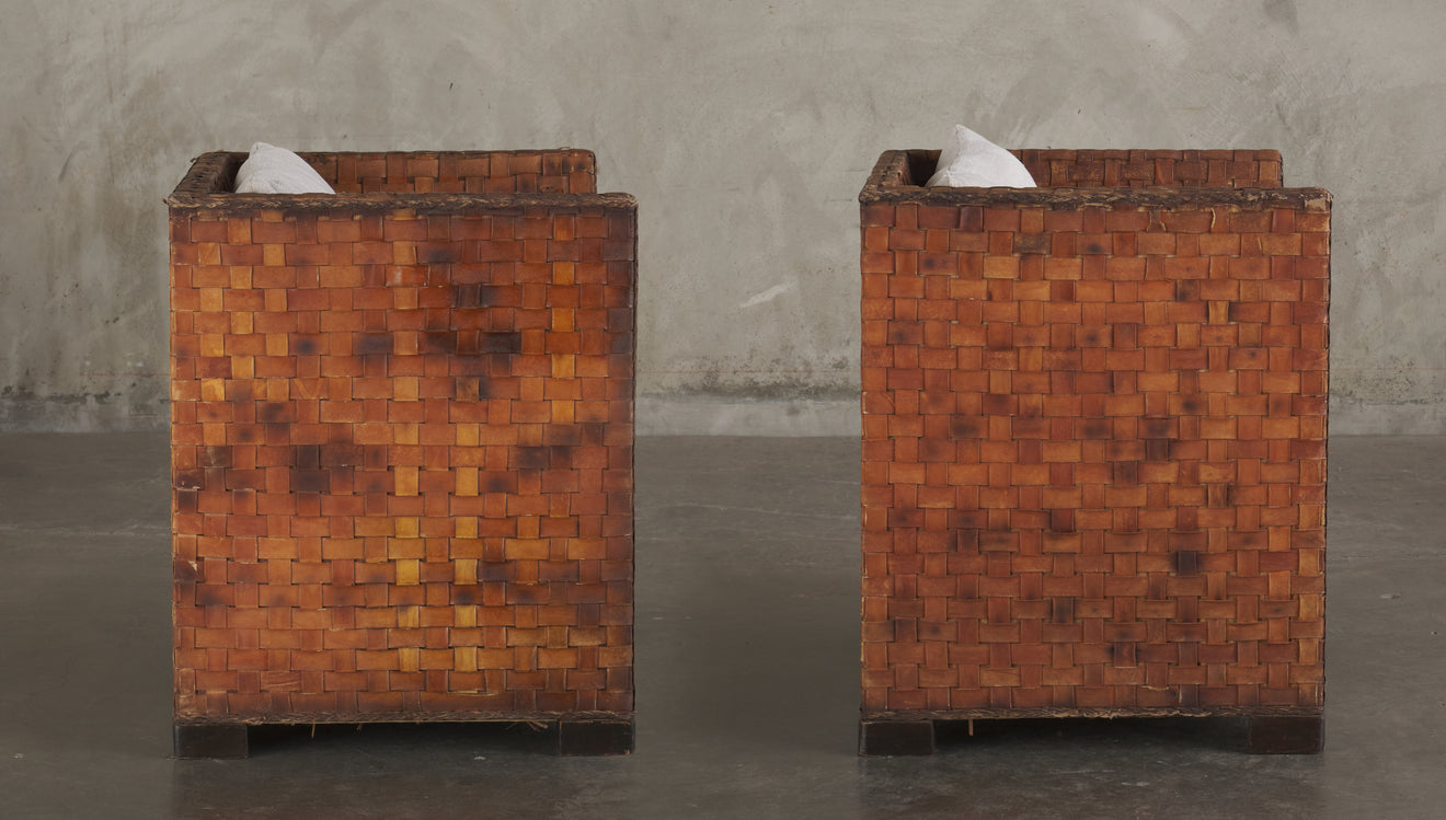 PAIR OF LEATHER STRAPPED CLUB CHAIRS, MID 20TH C