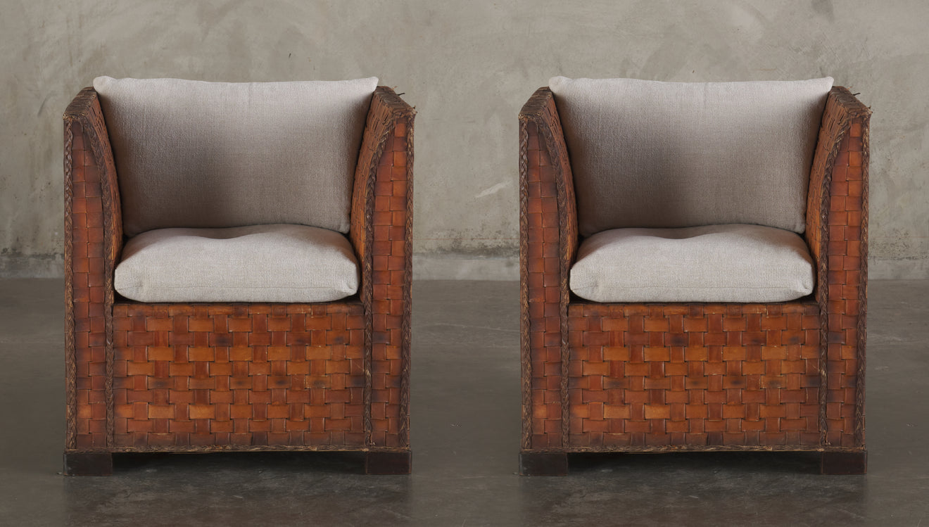 PAIR OF LEATHER STRAPPED CLUB CHAIRS, MID 20TH C