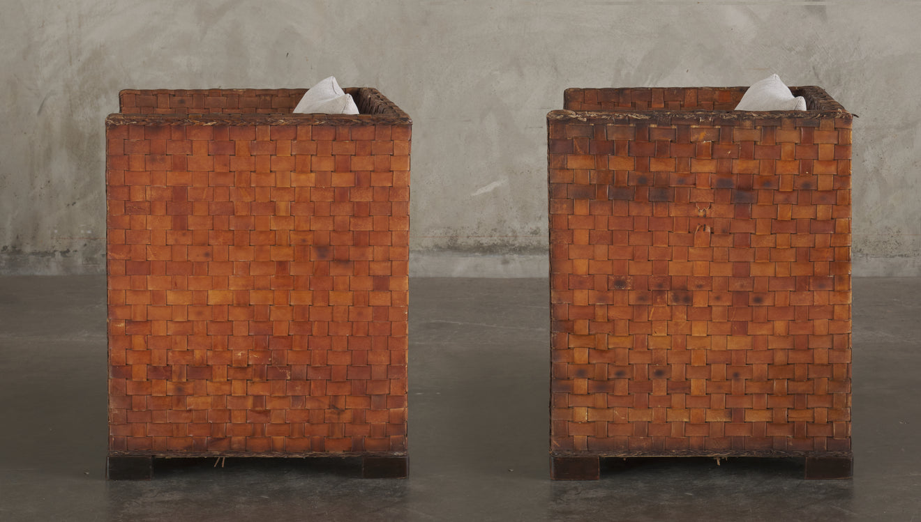 PAIR OF LEATHER STRAPPED CLUB CHAIRS, MID 20TH C
