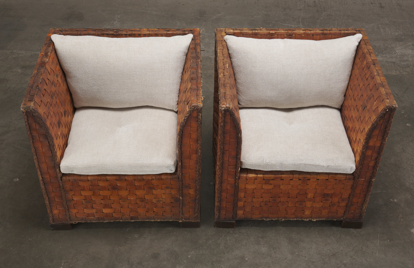 PAIR OF LEATHER STRAPPED CLUB CHAIRS, MID 20TH C