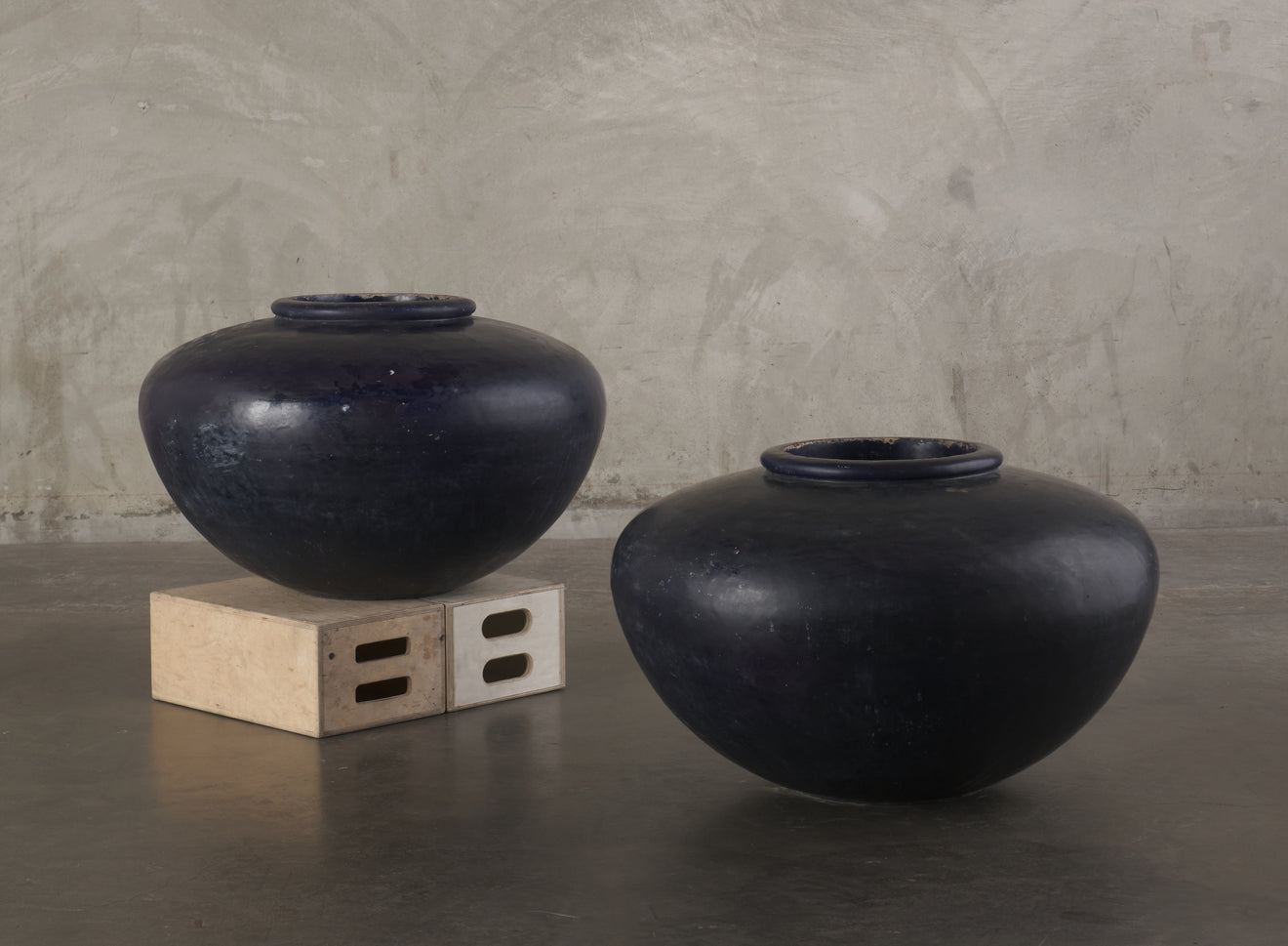 PAIR OF MONUMENTAL BLUE GLAZED GARDEN URNS, C1900